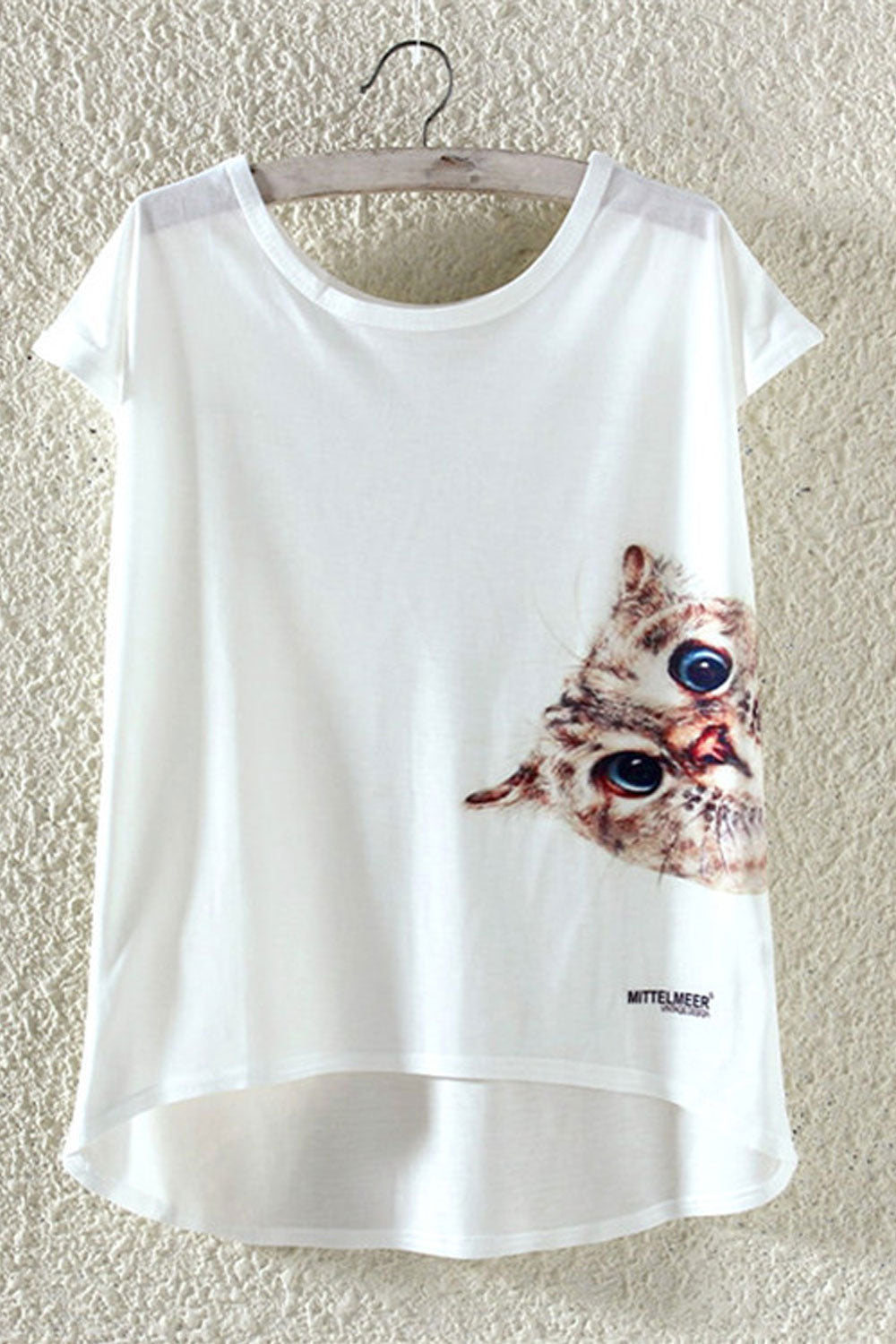 Women Kitten Printed Loose Irregular T-Shirt