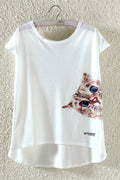Women Kitten Printed Loose Irregular T-Shirt