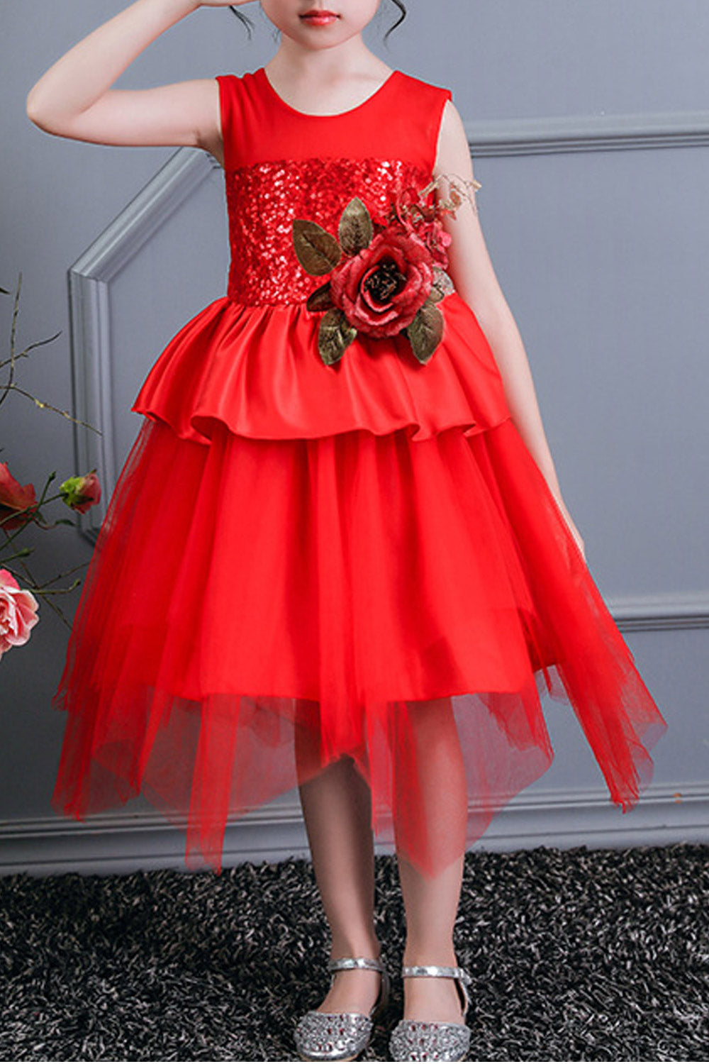 Kids Girls Big Flower Attached Irregular Fancy Dress
