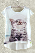 Women Cute Cat Irregular Hem Summer T-Shirt