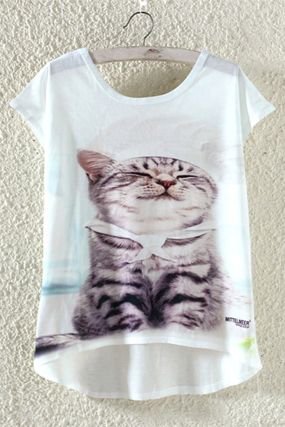 Women Cute Cat Irregular Hem Summer T-Shirt