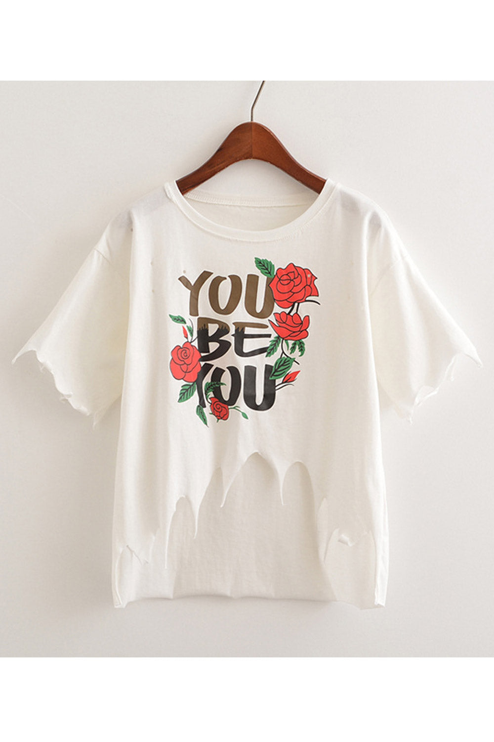 Women Irregular Hem Letter Rose Printed T-Shirt