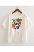 Women Irregular Hem Letter Rose Printed T-Shirt