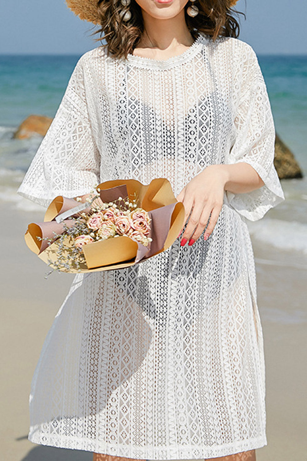 Women Short Sleeve Hollow Beach Coverup