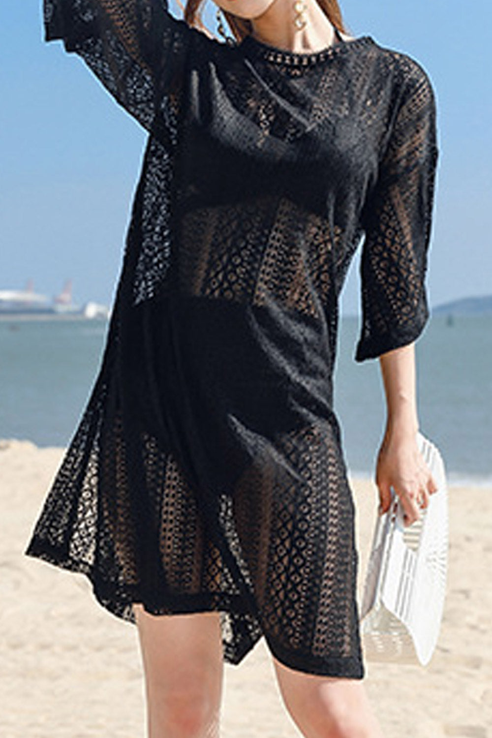 Women Short Sleeve Hollow Beach Coverup