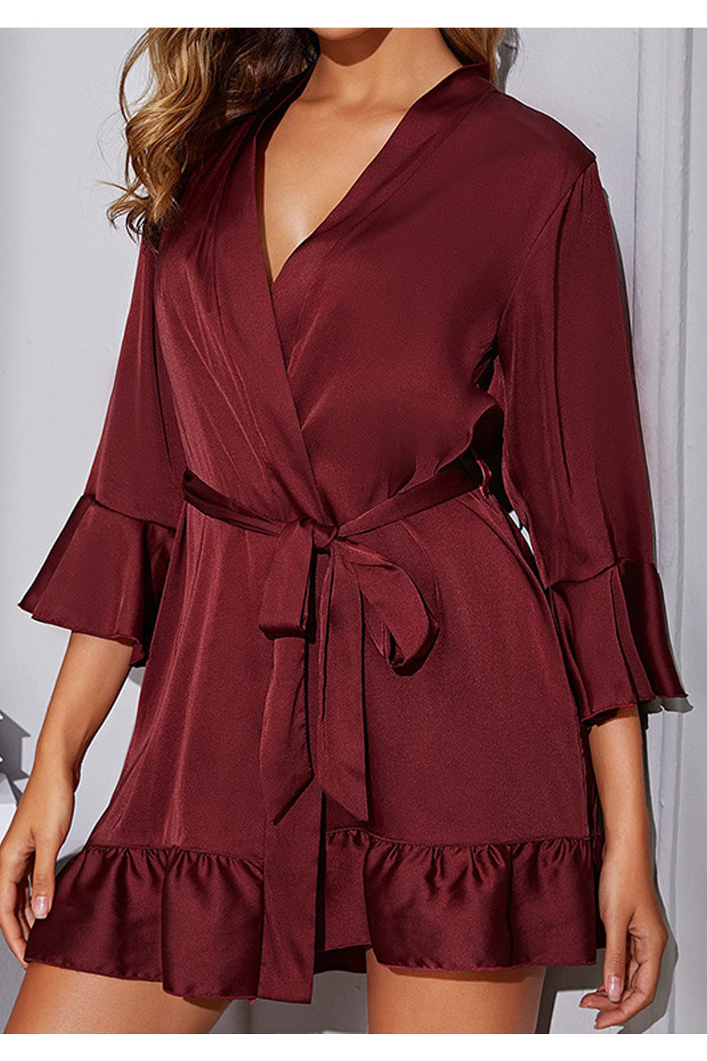 Women Relax Fit Long Sleeve Restful Deep V-Neck Delightful Solid Colored Easy Belt Waist Night Wear Lingerie