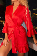 Women Relax Fit Long Sleeve Restful Deep V-Neck Delightful Solid Colored Easy Belt Waist Night Wear Lingerie