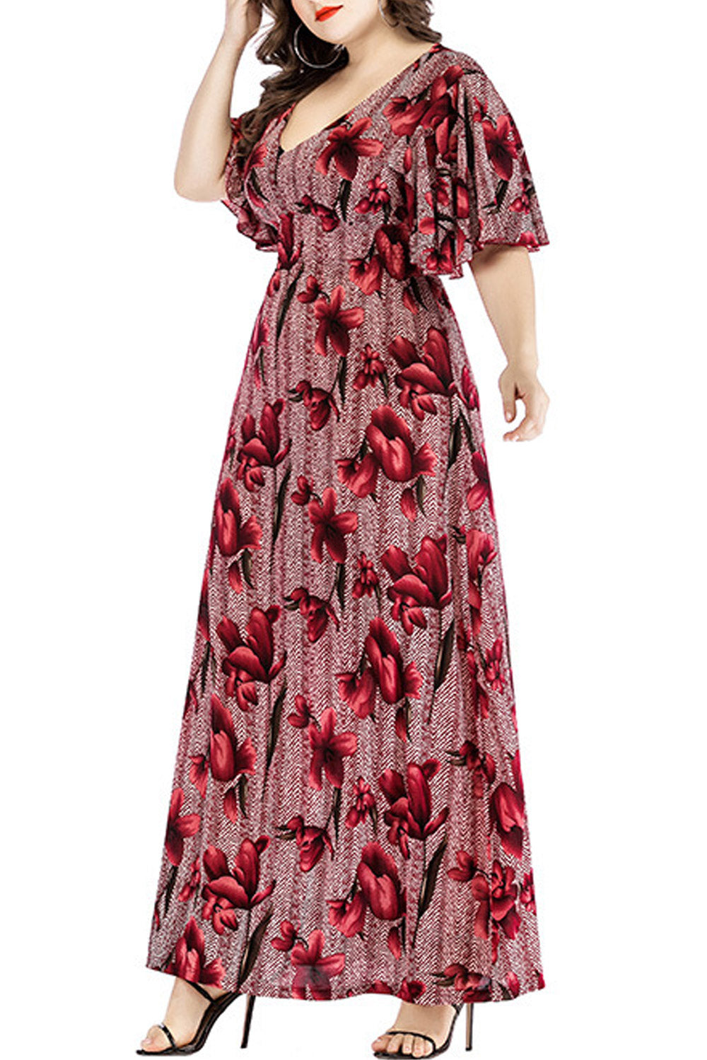 Women Plus V-Neck Knee Length Printed Dress