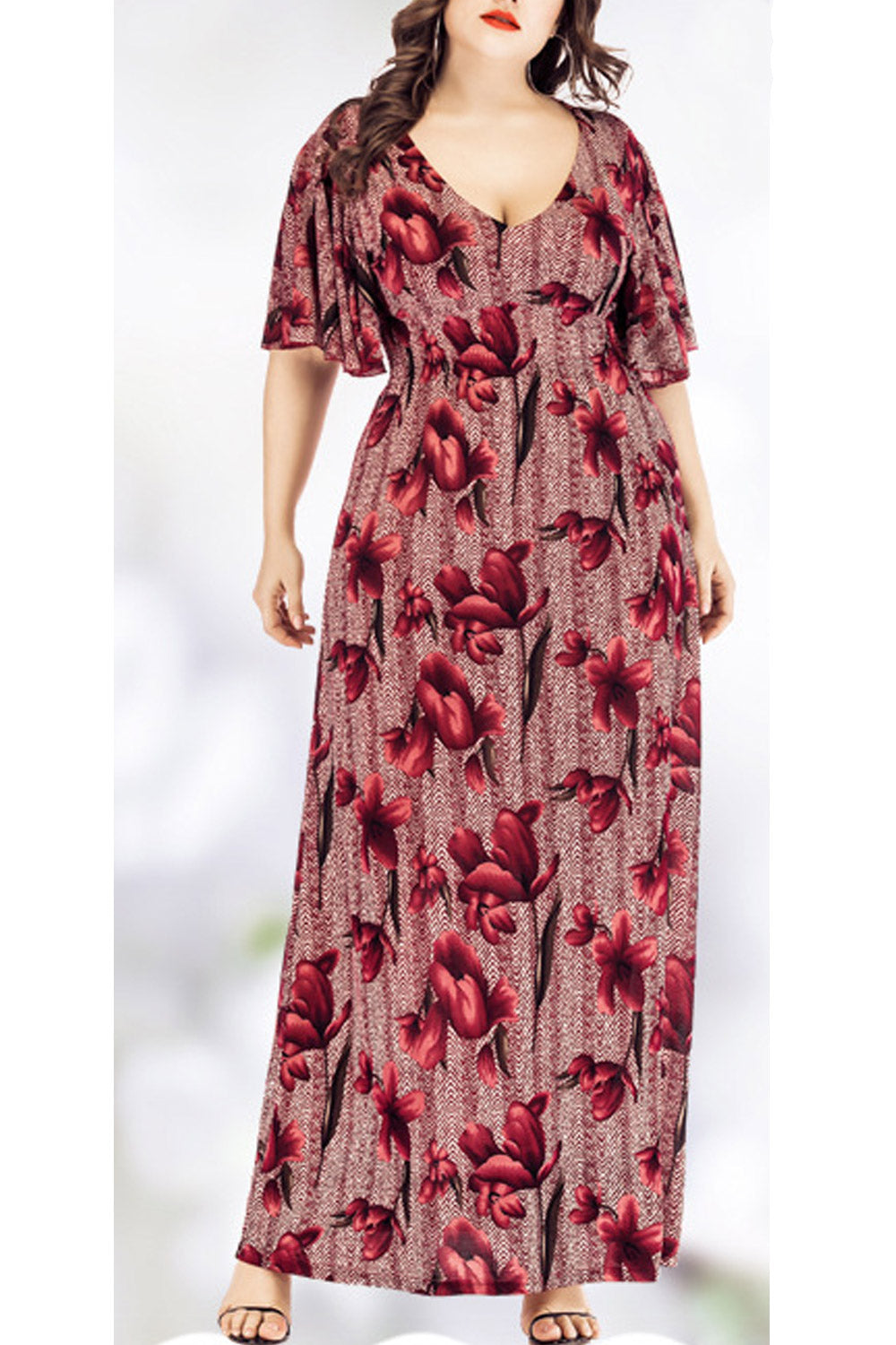 Women Plus V-Neck Knee Length Printed Dress