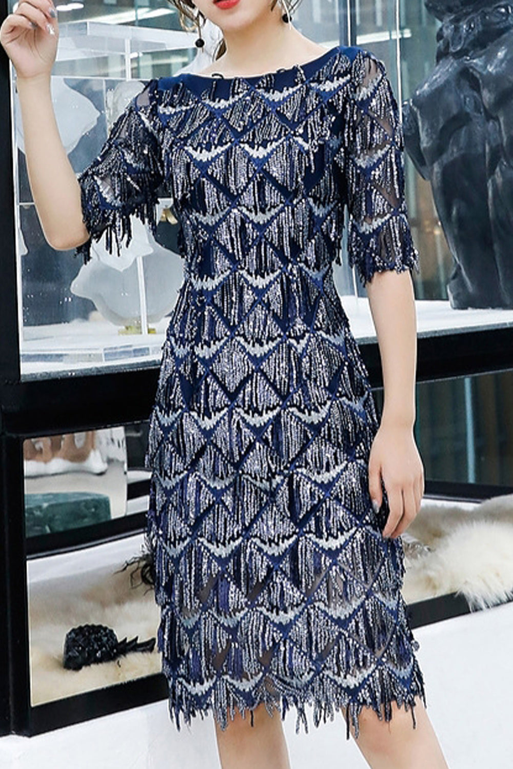 Women Mid Length Half Sleeve Lovely Sequins Decorated Evening Dress