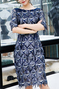 Women Mid Length Half Sleeve Lovely Sequins Decorated Evening Dress
