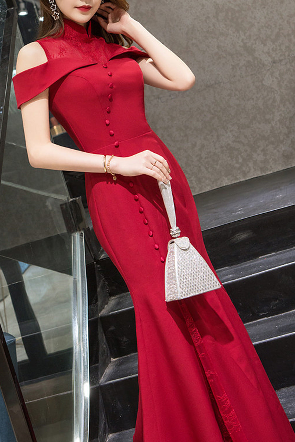 Women Elegant Solid Colored Stand Collar Slim Fit Evening Dress