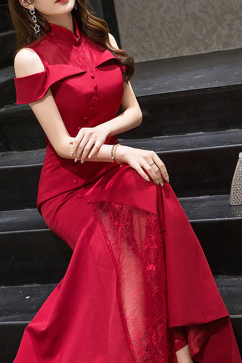Women Elegant Solid Colored Stand Collar Slim Fit Evening Dress