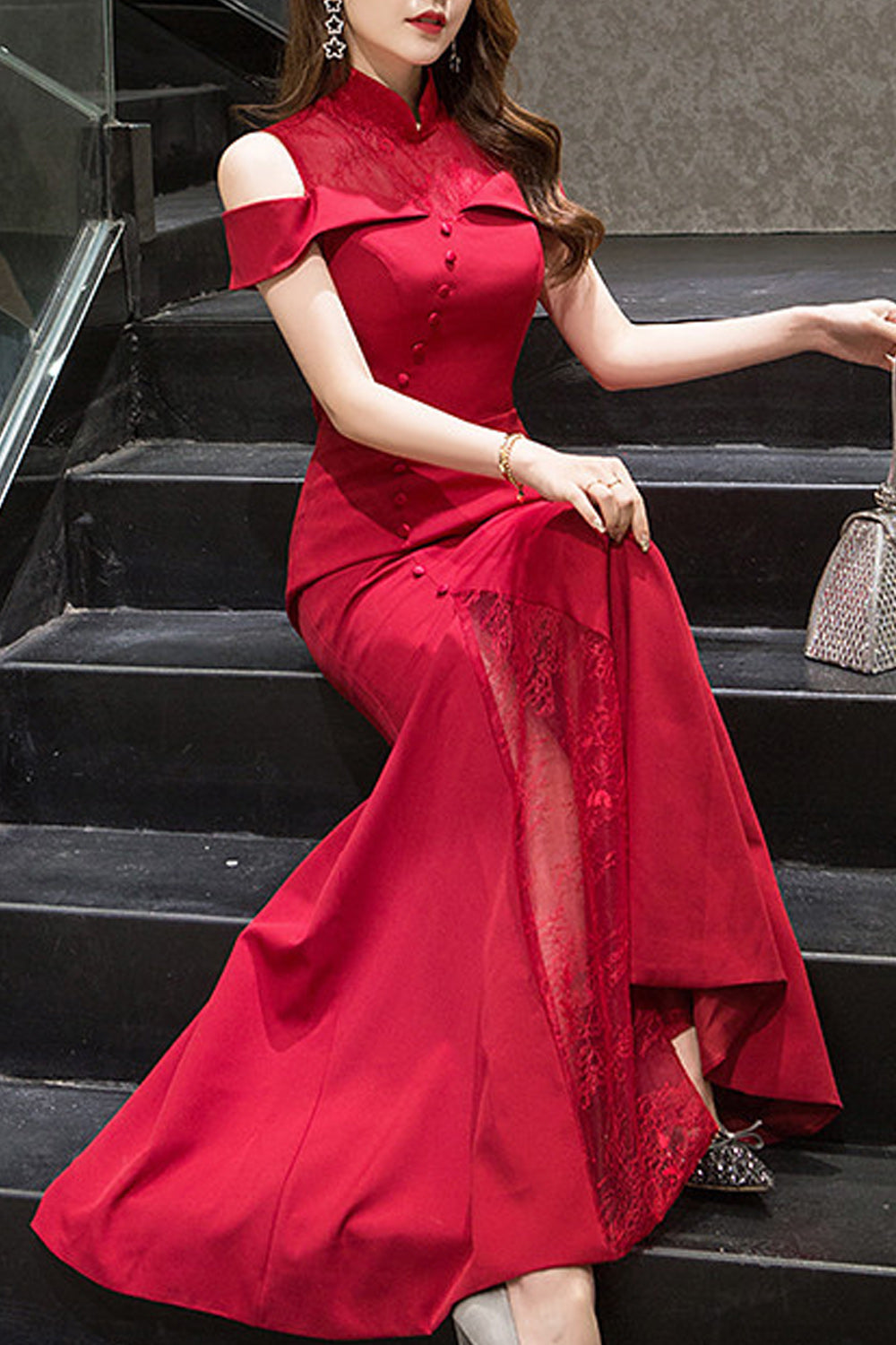 Women Elegant Solid Colored Stand Collar Slim Fit Evening Dress