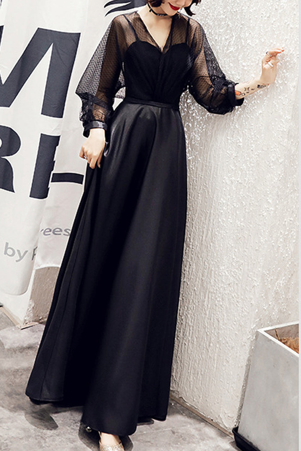 Women See Through Long Sleeve Solid Colored Skirt Evening Party Dress