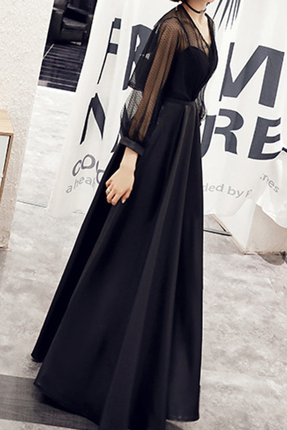 Women See Through Long Sleeve Solid Colored Skirt Evening Party Dress