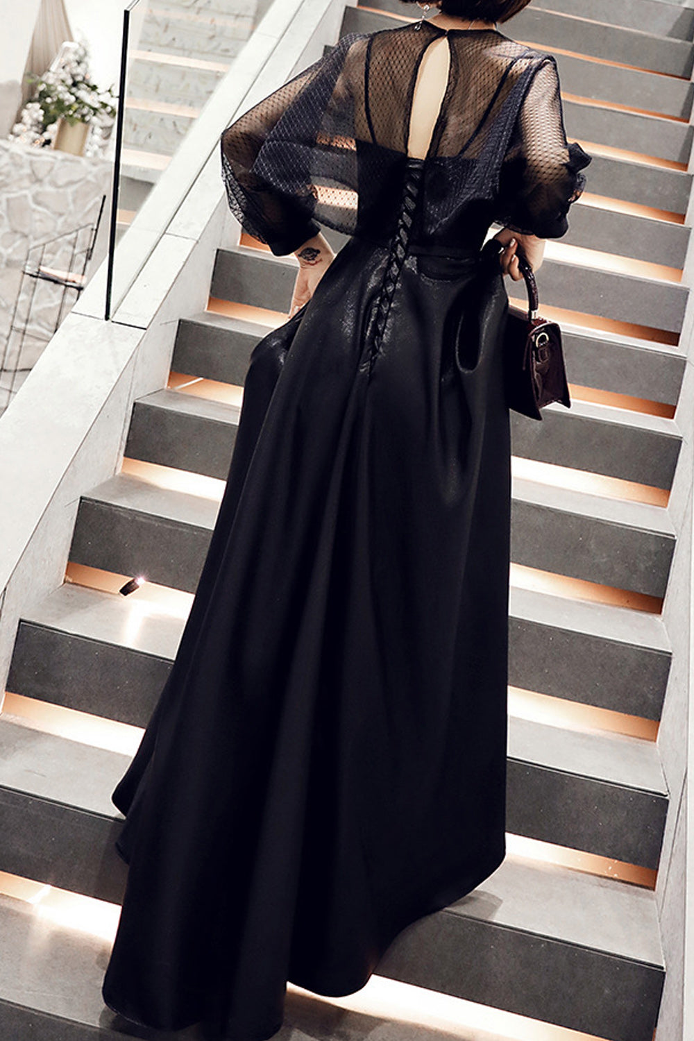 Women See Through Long Sleeve Solid Colored Skirt Evening Party Dress