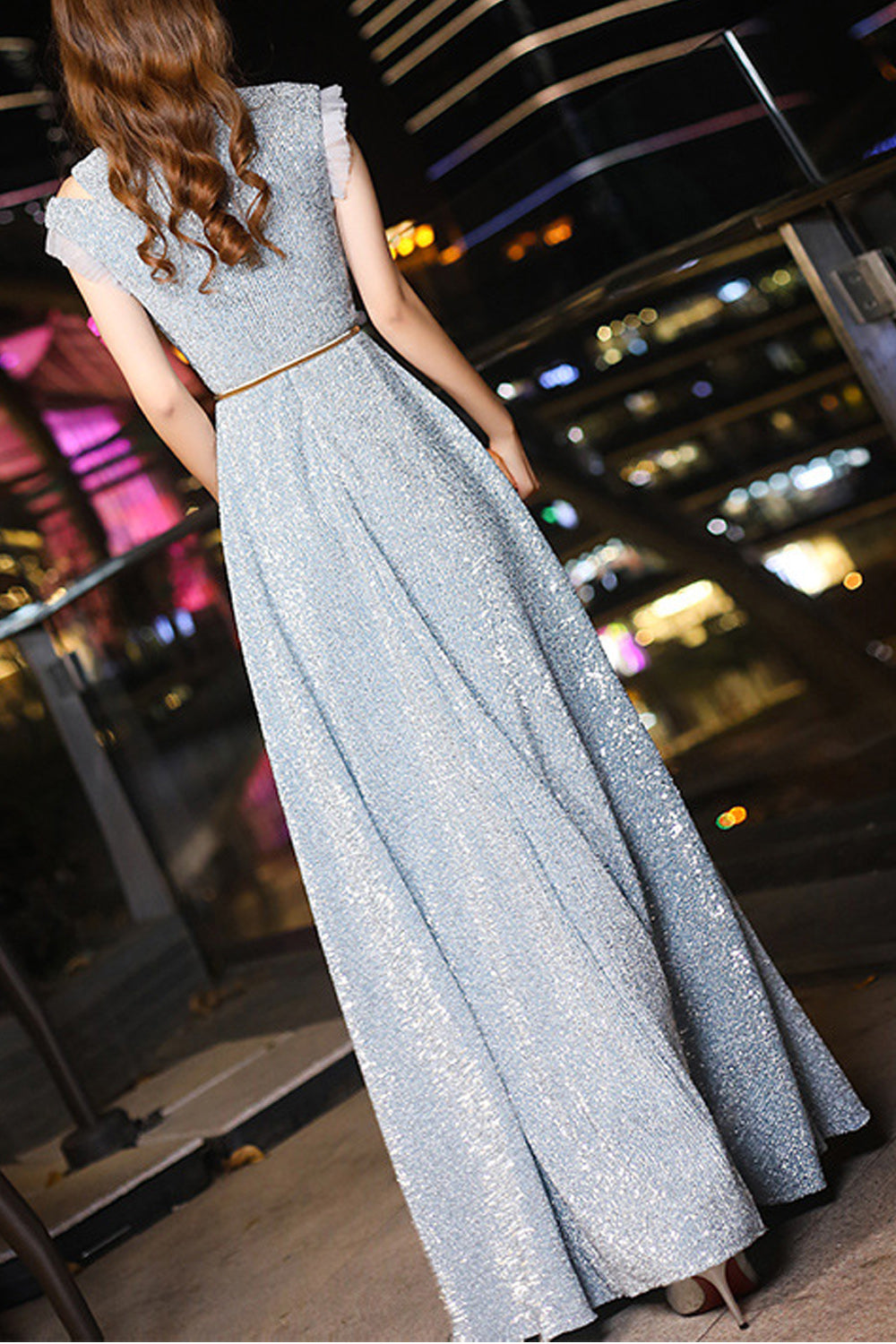 Women Sleeveless Style Soft Long Skirt Shiny Evening Dress