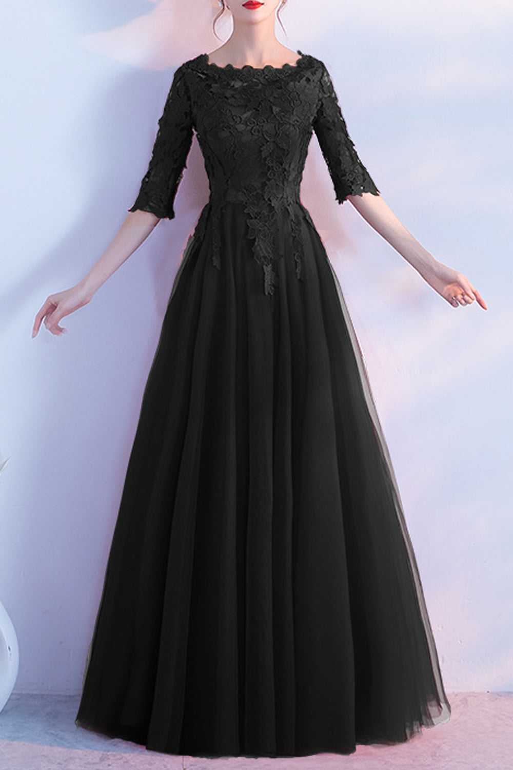Women Pretty Lace Decorated Long Skirt Half Sleeve Comfy Evening Dress