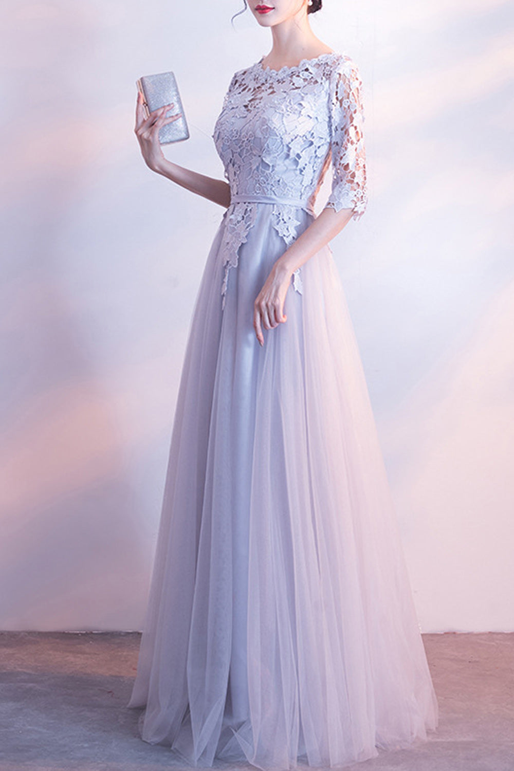 Women Pretty Lace Decorated Long Skirt Half Sleeve Comfy Evening Dress