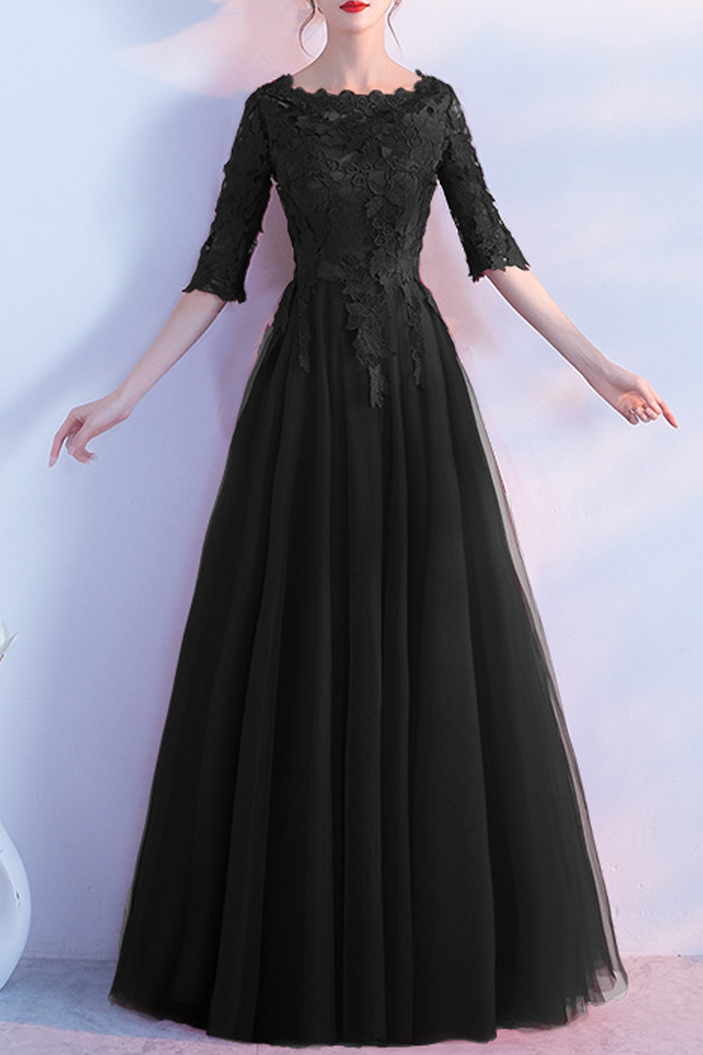 Women Pretty Lace Decorated Long Skirt Half Sleeve Comfy Evening Dress