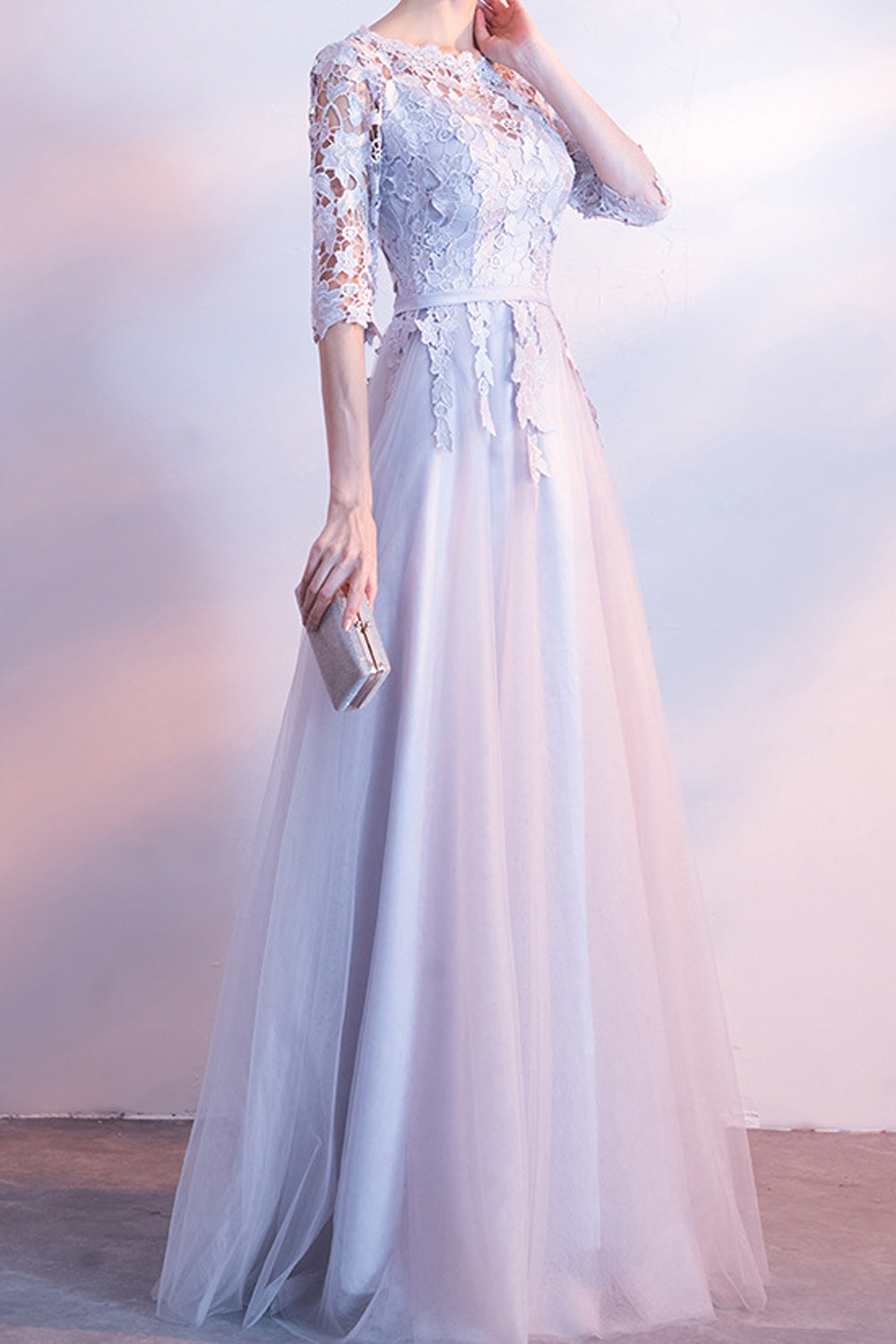 Women Pretty Lace Decorated Long Skirt Half Sleeve Comfy Evening Dress