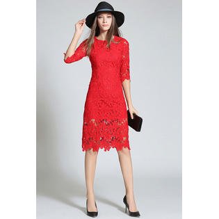 Women Hollow Neck Slim Style Skirt Dress Red