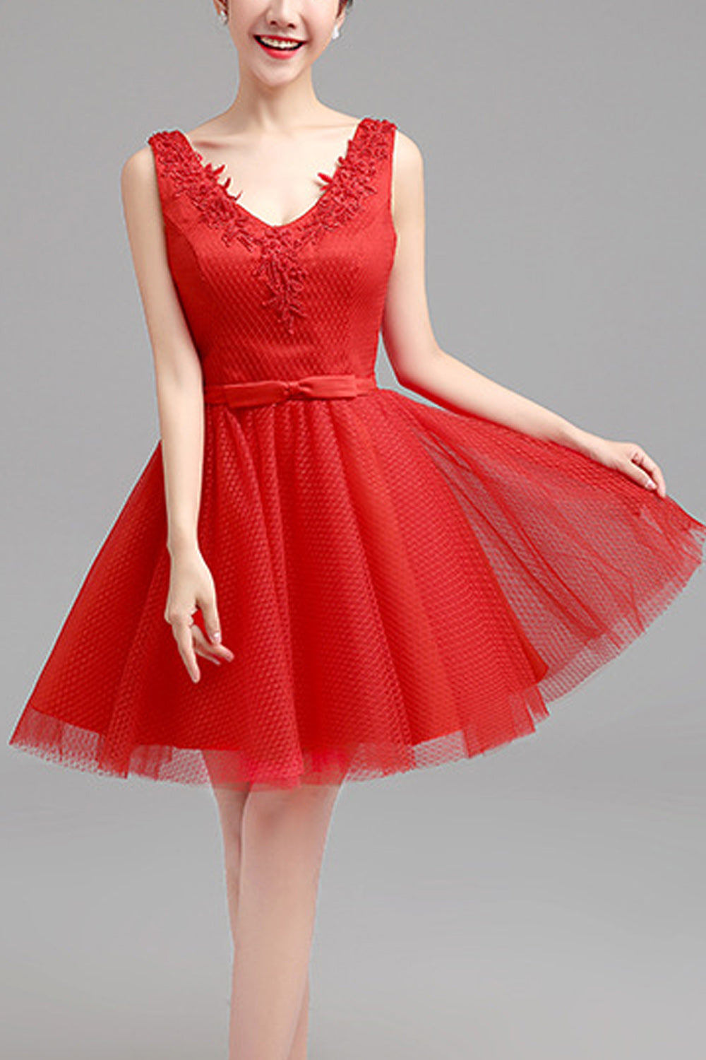 Women Deep V-Neck Style Pleated Short Skirt Solid Pattern Party Dress