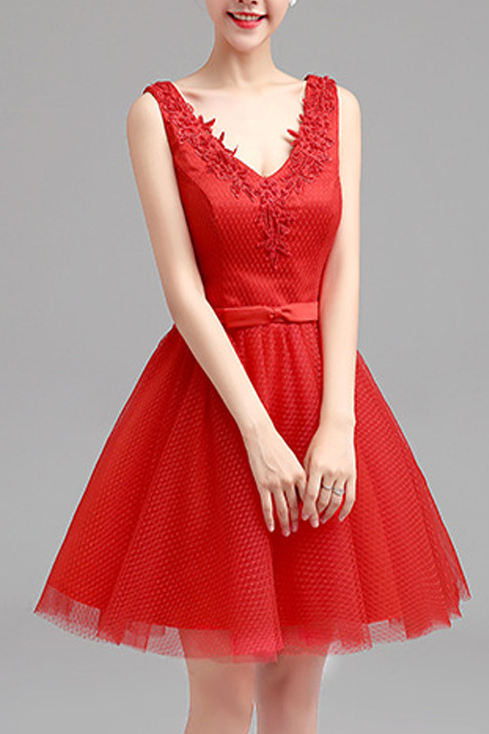 Women Deep V-Neck Style Pleated Short Skirt Solid Pattern Party Dress