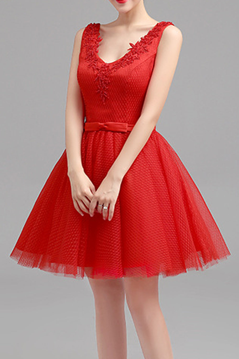 Women Deep V-Neck Style Pleated Short Skirt Solid Pattern Party Dress