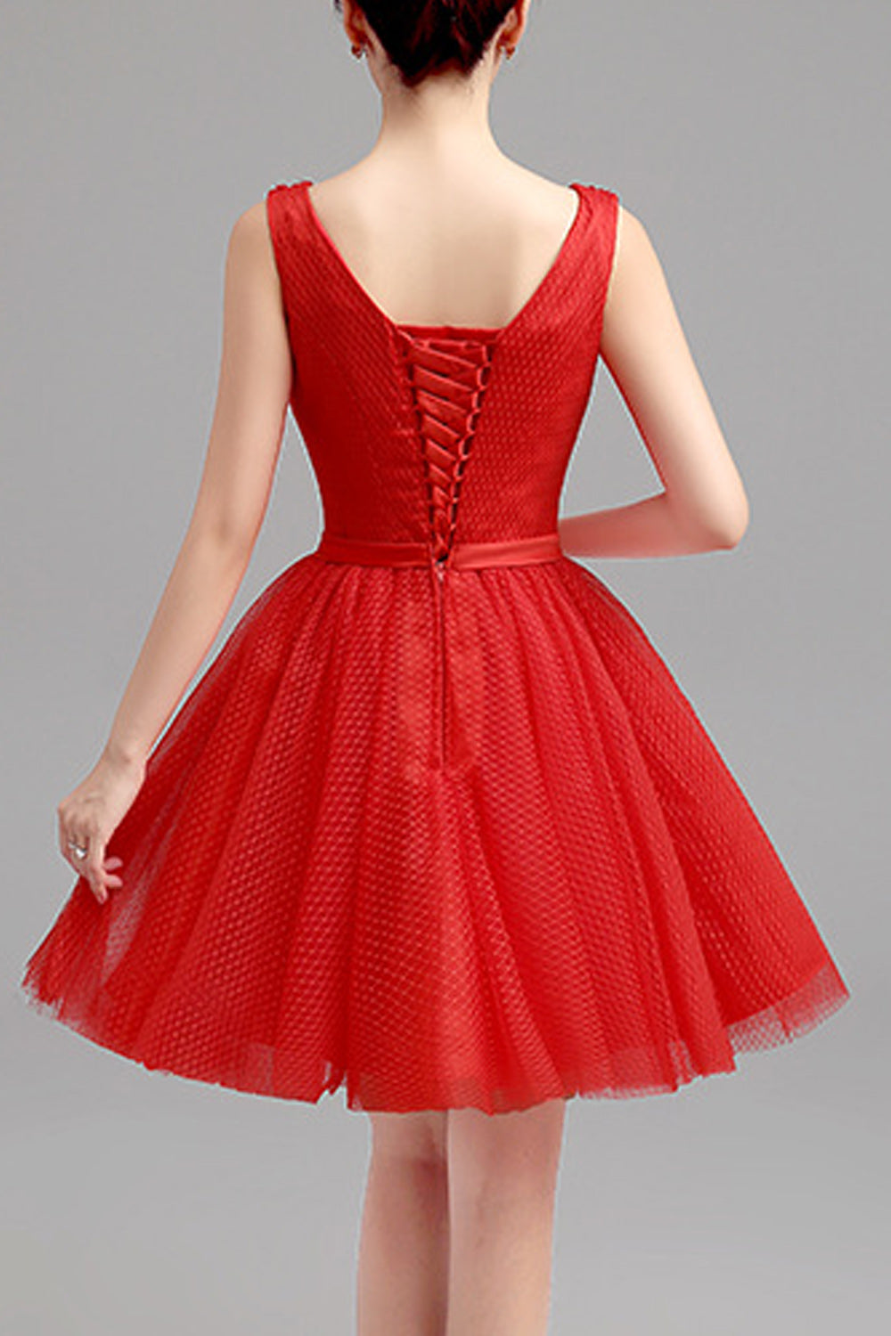 Women Deep V-Neck Style Pleated Short Skirt Solid Pattern Party Dress