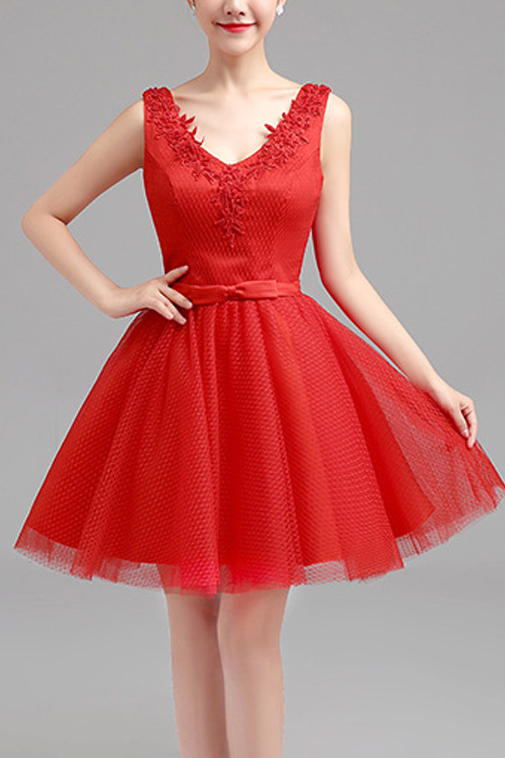 Women Deep V-Neck Style Pleated Short Skirt Solid Pattern Party Dress