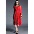 Women Long Sleeves Knee Length Lace A-line Dress Red