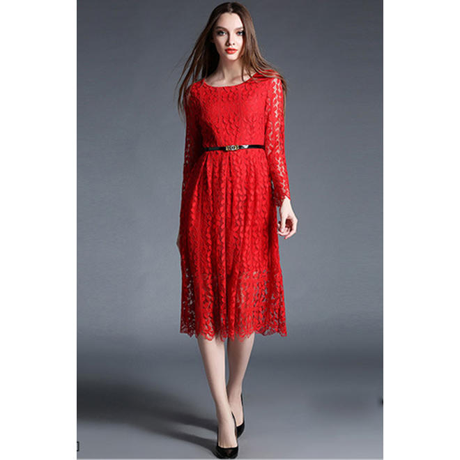 Women Long Sleeves Knee Length Lace A-line Dress Red