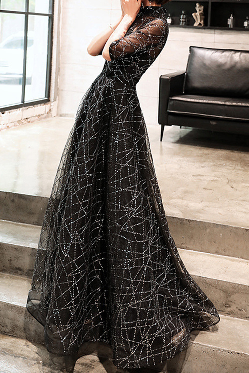 Women Half Sleeve Stand Collar Sequins Decorated Shiny Looking Evening Dress