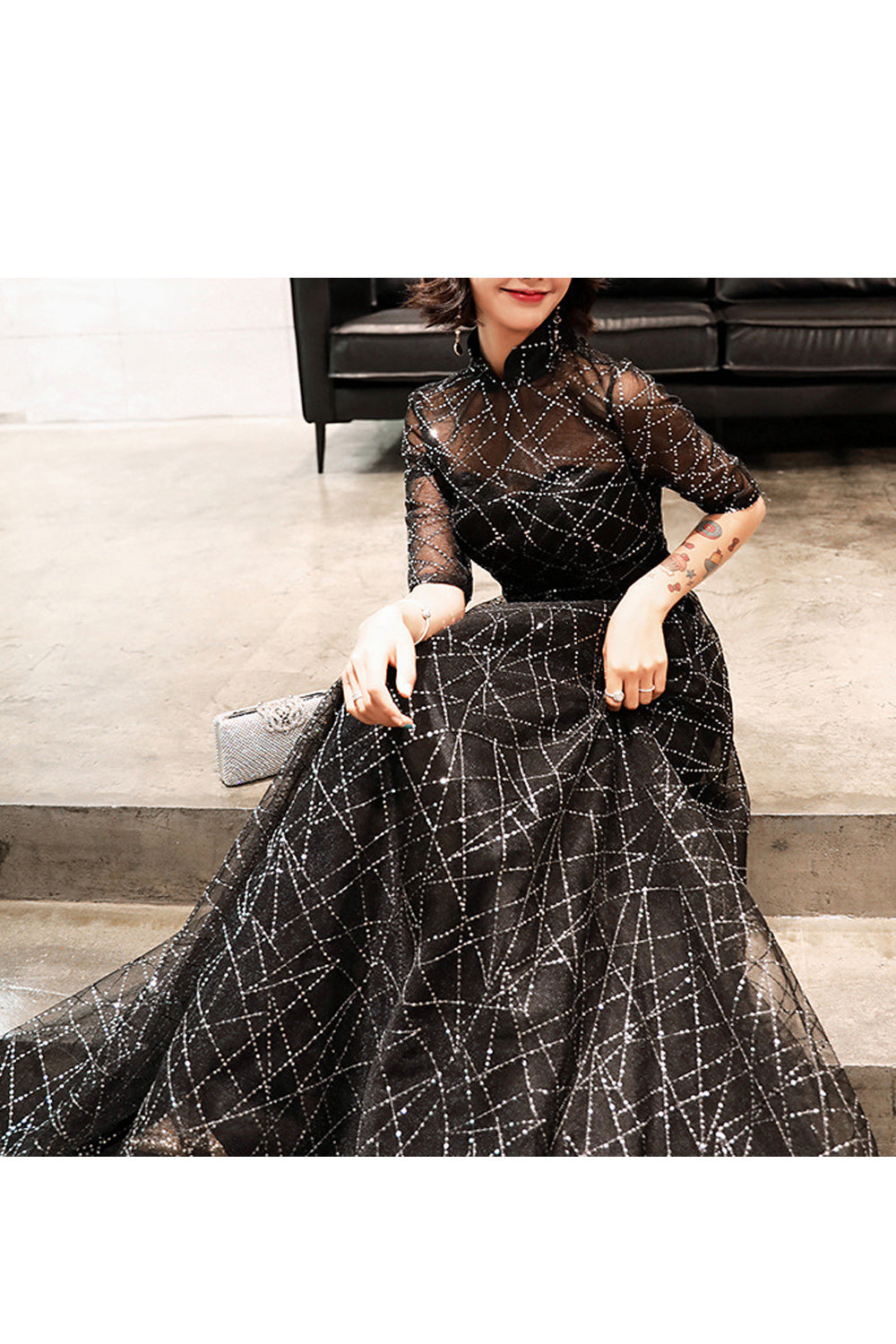 Women Half Sleeve Stand Collar Sequins Decorated Shiny Looking Evening Dress