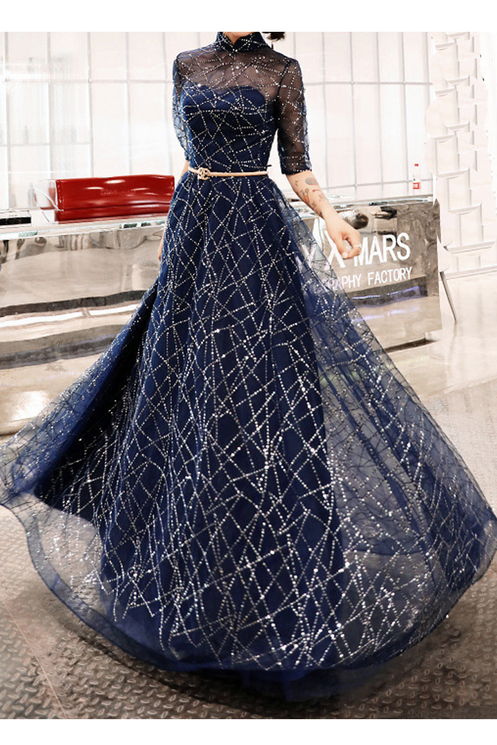 Women Half Sleeve Stand Collar Sequins Decorated Shiny Looking Evening Dress