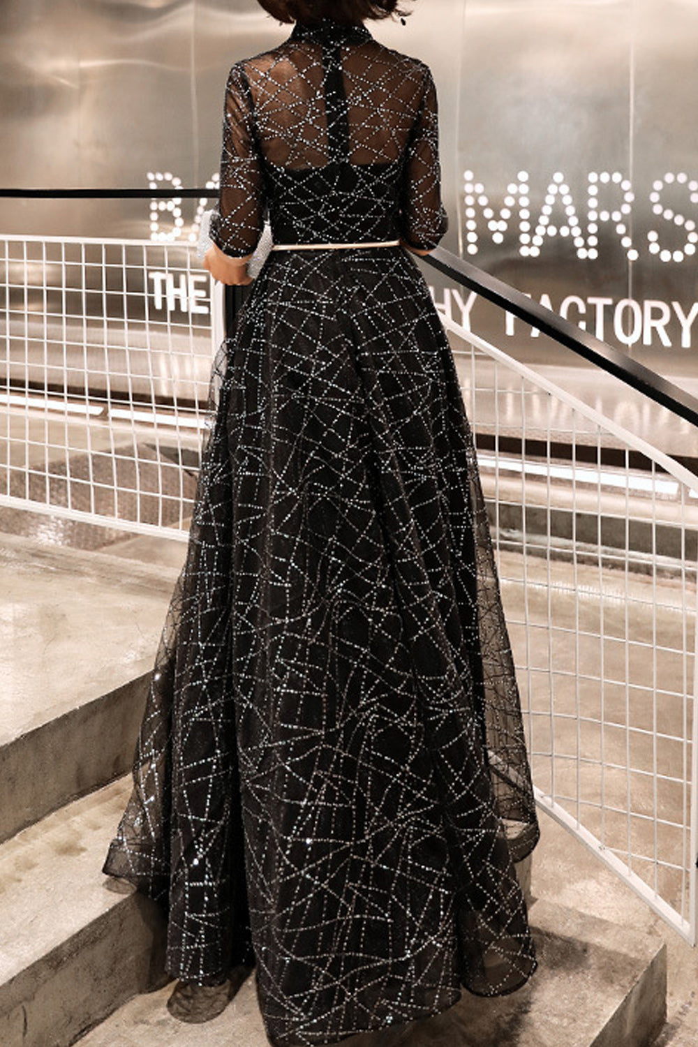 Women Half Sleeve Stand Collar Sequins Decorated Shiny Looking Evening Dress