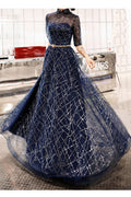 Women Half Sleeve Stand Collar Sequins Decorated Shiny Looking Evening Dress