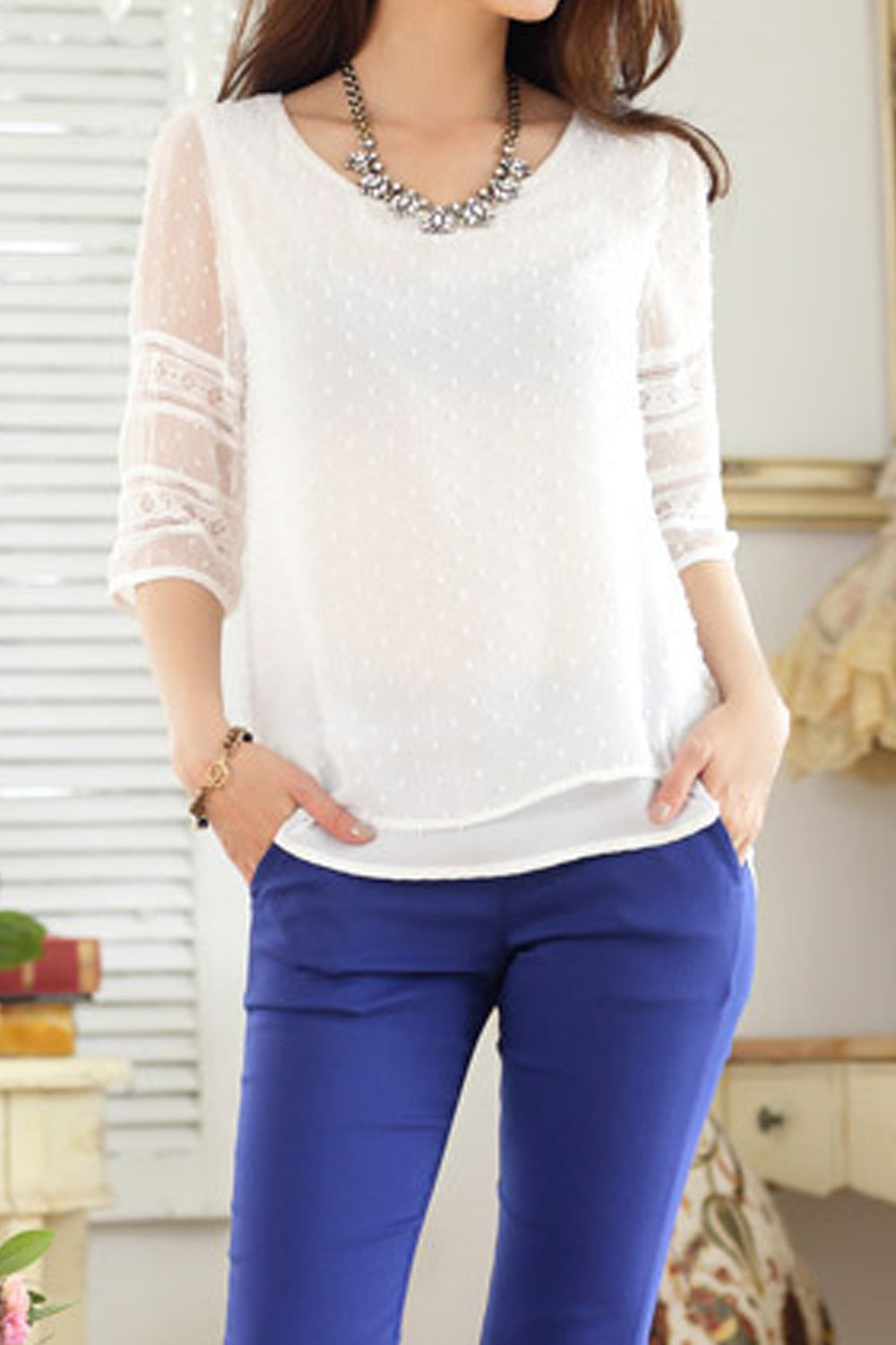 Women See Through Short Sleeve Easy Round Neck Tremendous Solid Colored Summer Pullover Blouse