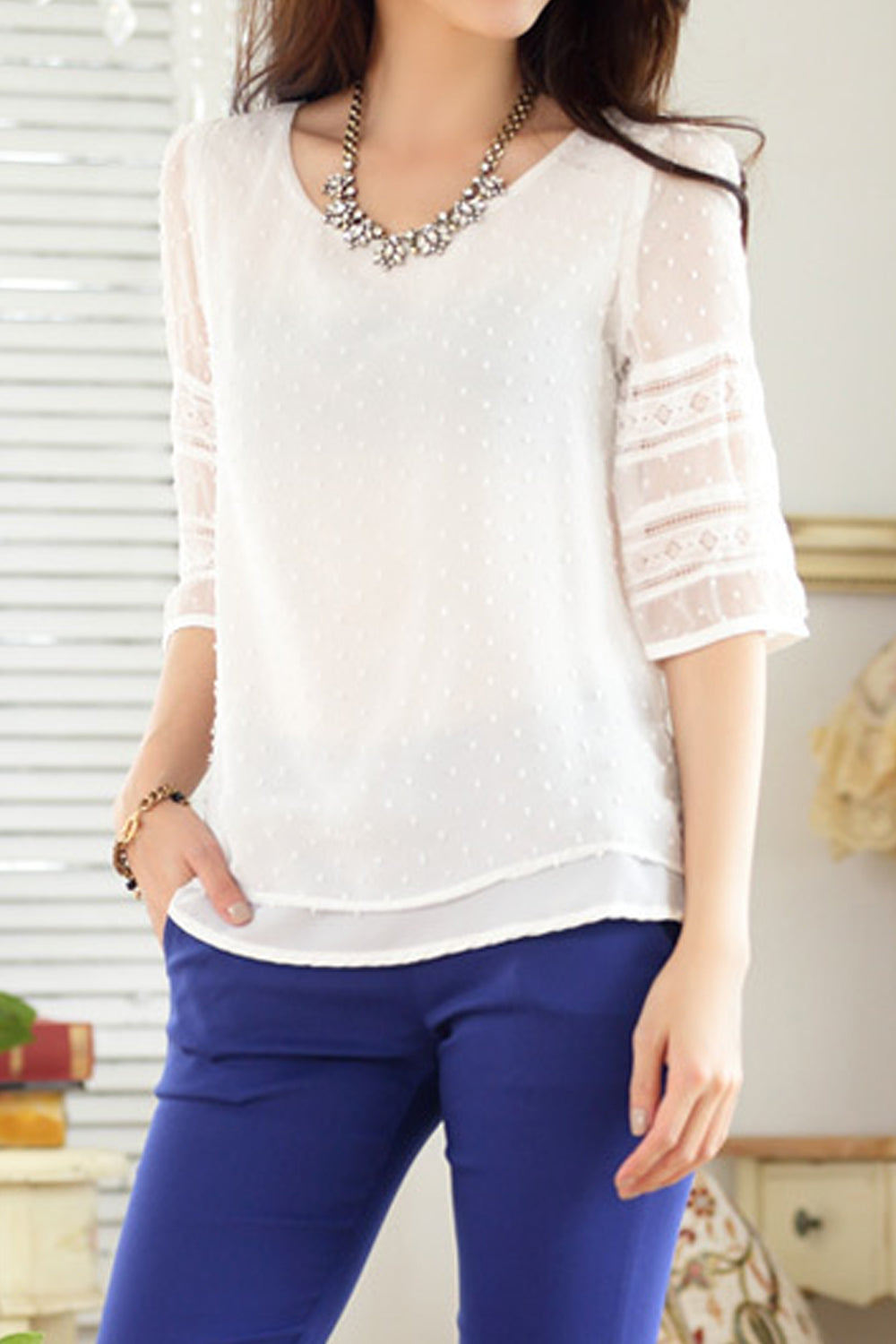Women See Through Short Sleeve Easy Round Neck Tremendous Solid Colored Summer Pullover Blouse