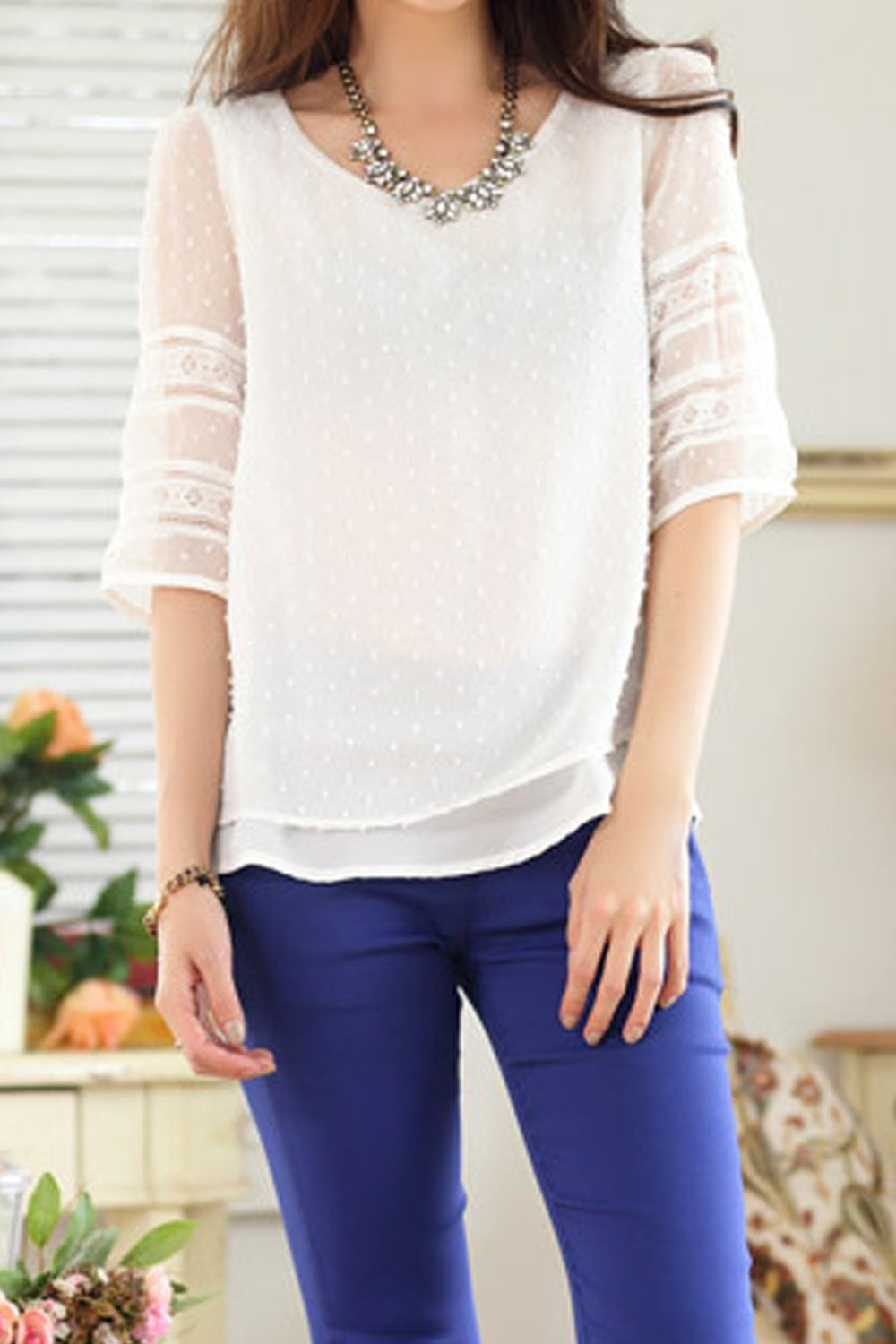 Women See Through Short Sleeve Easy Round Neck Tremendous Solid Colored Summer Pullover Blouse