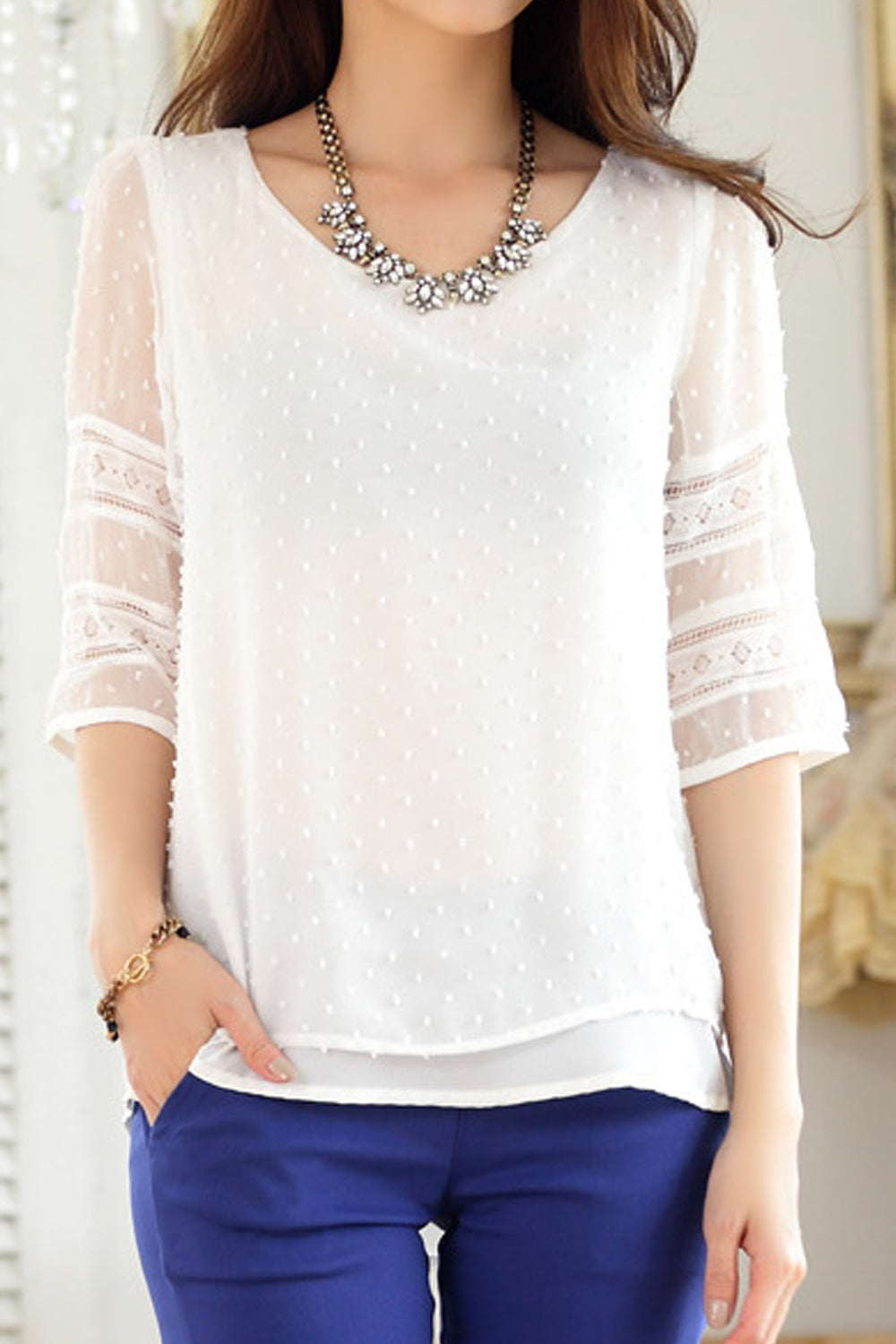 Women See Through Short Sleeve Easy Round Neck Tremendous Solid Colored Summer Pullover Blouse