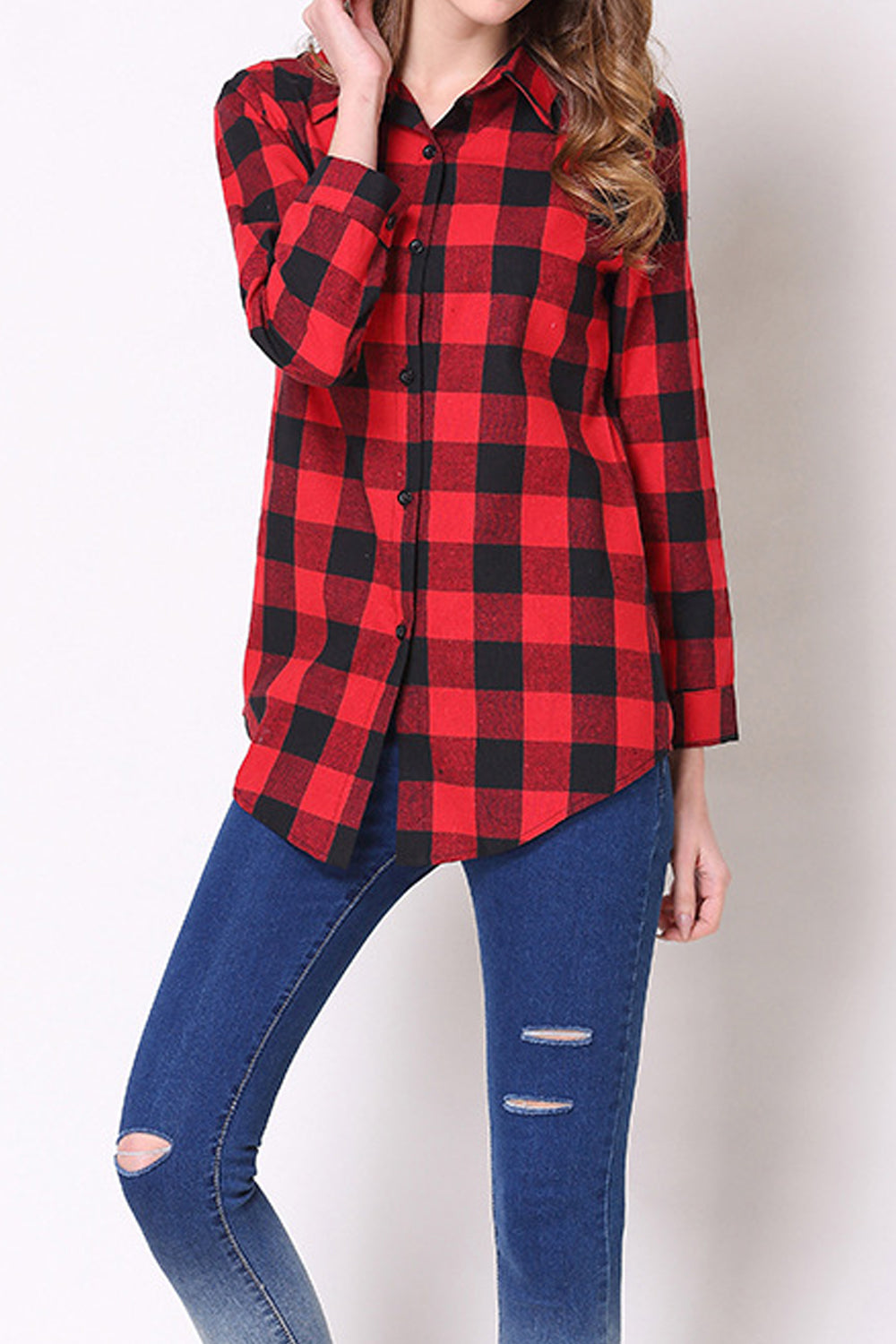 Women Beautiful Plaid Pattern Long Sleeve Stylish Collar Neck Button Closure Fashionable Shirt