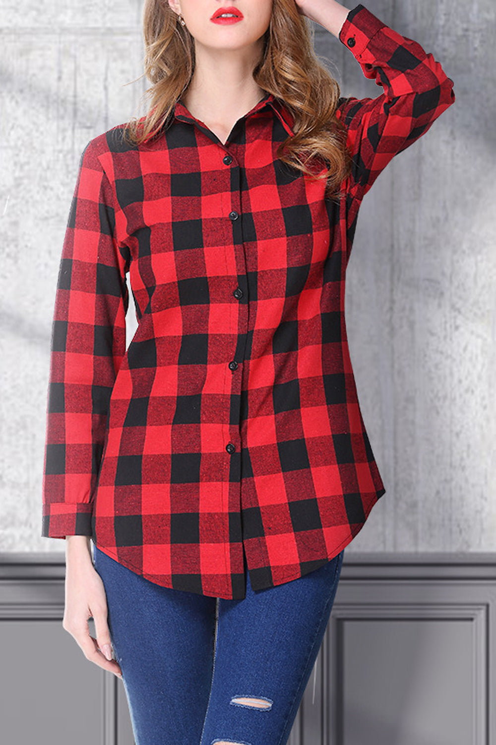 Women Beautiful Plaid Pattern Long Sleeve Stylish Collar Neck Button Closure Fashionable Shirt
