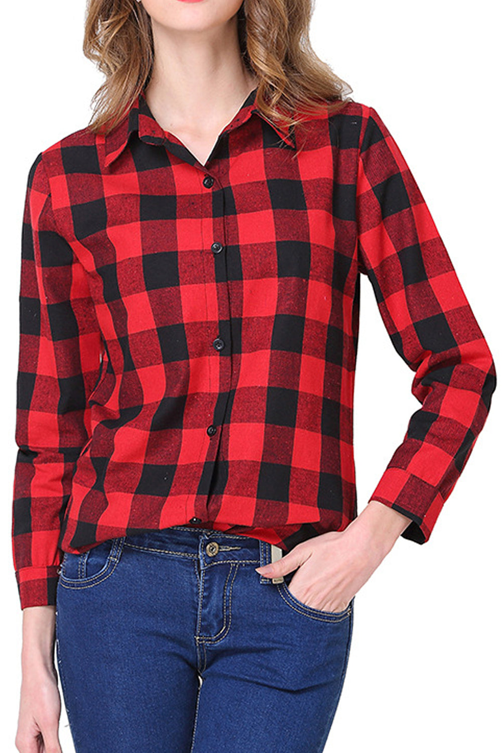 Women Beautiful Plaid Pattern Long Sleeve Stylish Collar Neck Button Closure Fashionable Shirt