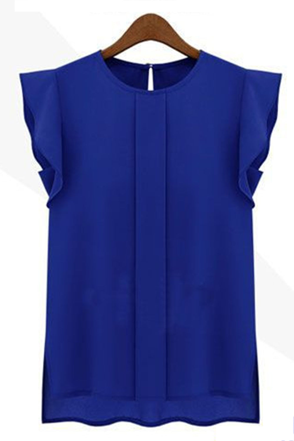 Women Solid Pattern Ruffle Sleeves Chiffon Blouse Royal Blue