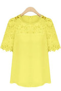 Women Short Sleeves Formal Wear Crochet Lace Blouse Yellow