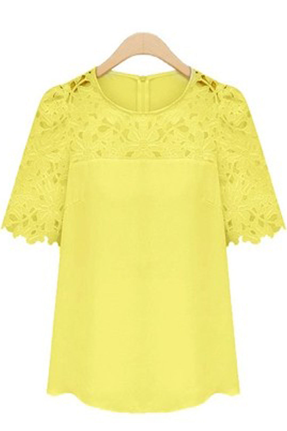 Women Short Sleeves Formal Wear Crochet Lace Blouse Yellow