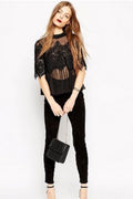 Women Designing Sheer Waist Lace Covered Party Blouse Black